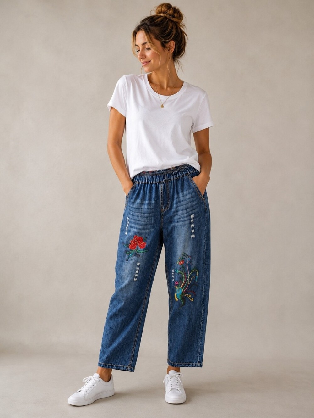 Embroidered Blue Denim Women's Jeans